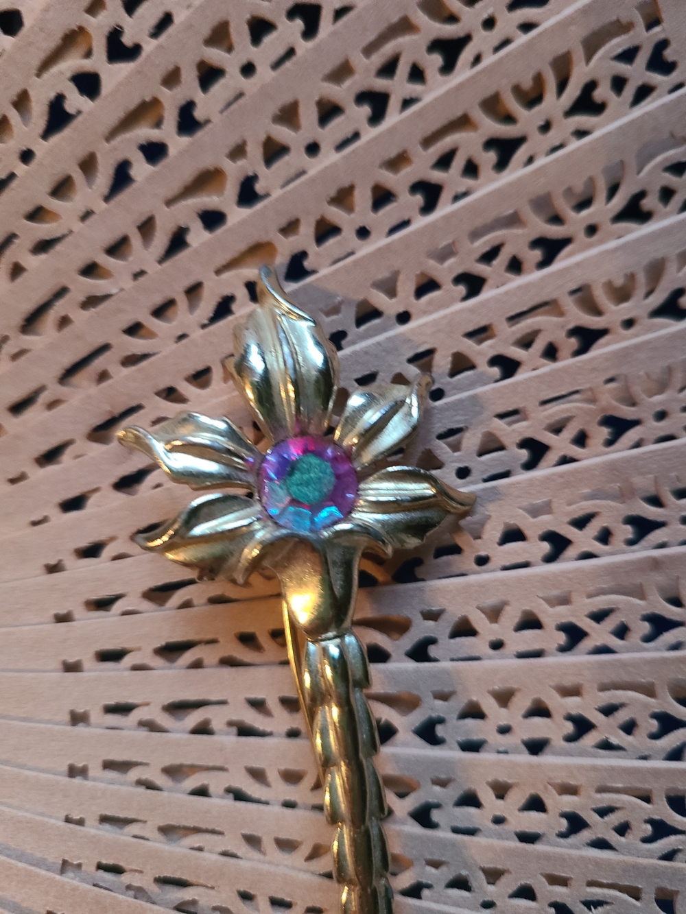 Antique Gold Flower Brooch with Pink and Green Center